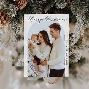 Modern Christmas Card with Photo Arch, Merriest Christmas Black & White Minimal Christmas Card Printable Editable Holiday Template [C01]