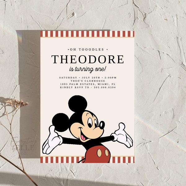 Vintage Neutral Mickey Birthday Invitation Editable, Muted Colors Classic Mickey 1st Birthday Boy Aesthetic, Party Decor Instant [CM1]