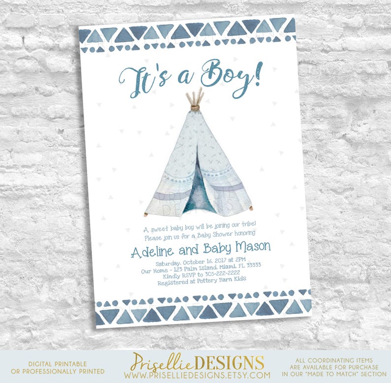Boho Boy Baby Shower Invitation Tribal Native Tee Blue Rustic