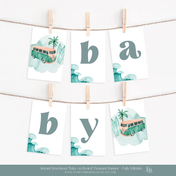 Baby on Board Pennant Banner Fully Editable, Surf Baby Shower Printable Banner, Surfboard Beach Baby Shower Instant Party Decor [BOB]