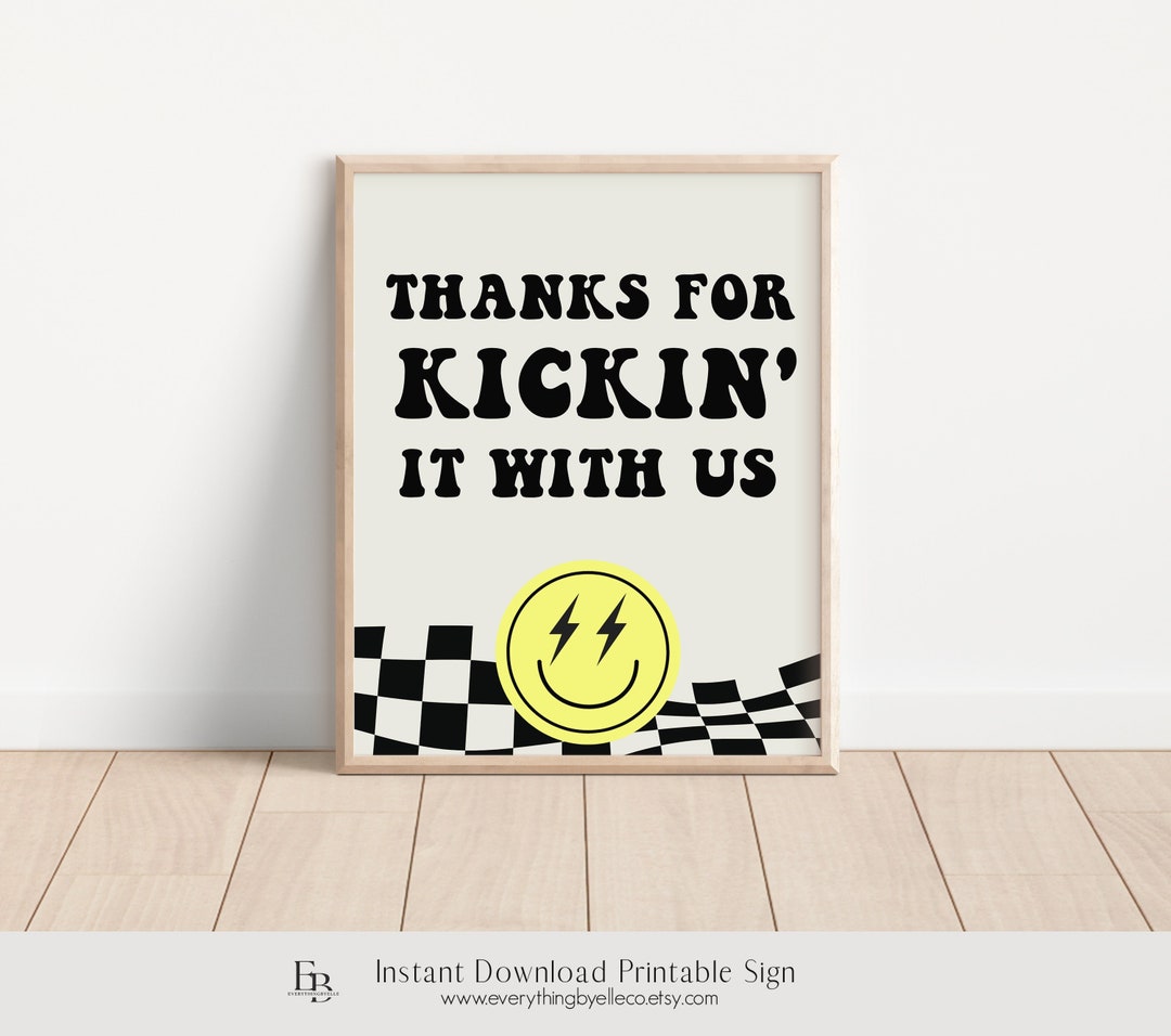 Yellow Smiley Kickin It Birthday Sign, Retro Boys Birthday Instant