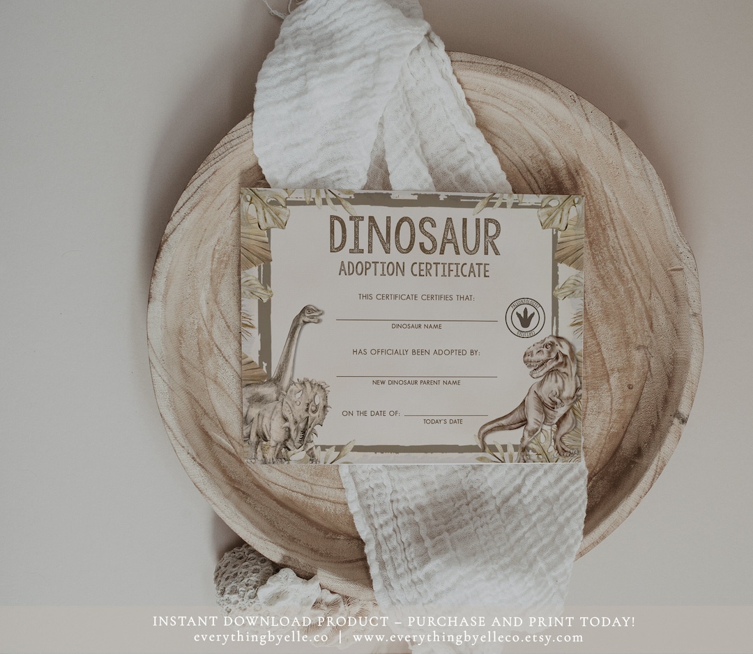 Dinosaur Adoption Certificate Printable, Boho Neutral Dinosaur Birthday ...