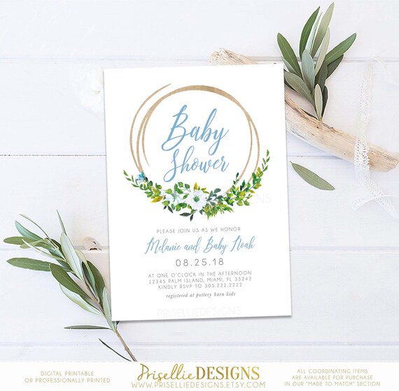Boy Baby Shower Invitation Boho Rustic Simple Blue Fl Whimsical Printable