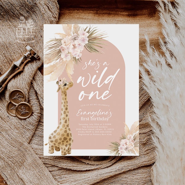 Giraffe Wild ONE Birthday Invitation Editable Girl, Pink Pampas Grass Boho 1st Birthday Invitation, Bohemian Birthday Invite Safari [EGWO]