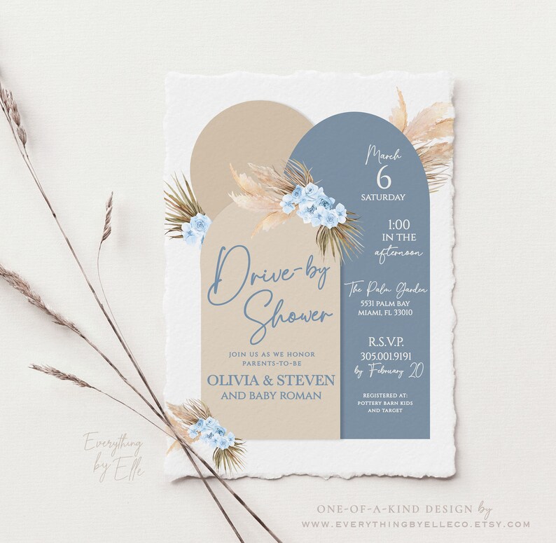 Drive by Baby Shower Invitation Boy Bohemian Shower Pampas Etsy