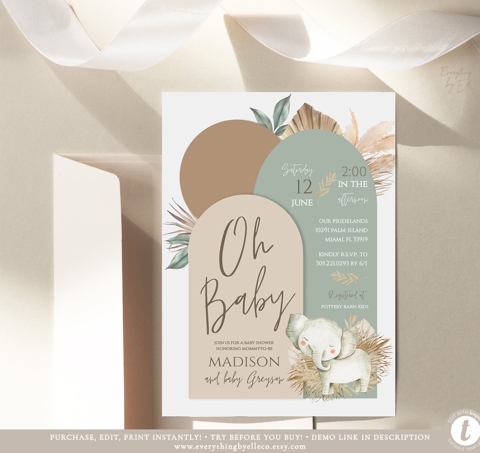Boho Elephant Baby Shower Invitation Editable Modern Bohemian Etsy