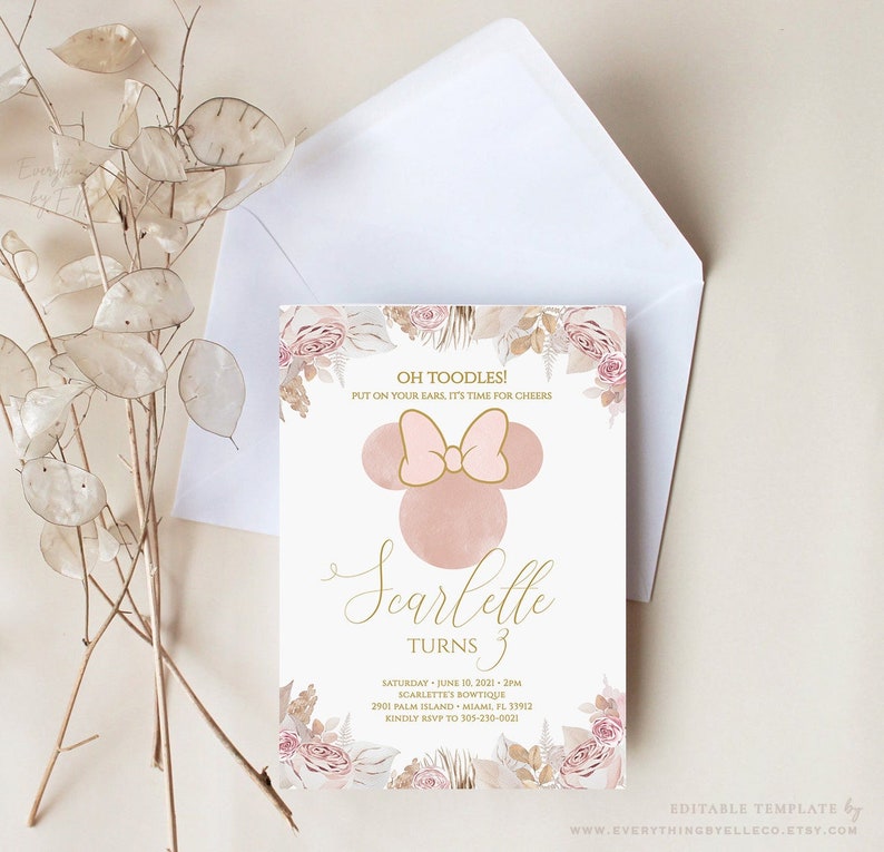 Boho Minnie Mouse 3rd Birthday Invitation Editable, Bohemian Minnie Birthday, Floral Minnie Blush Pink Gold Invitation Instant Download BM image 1