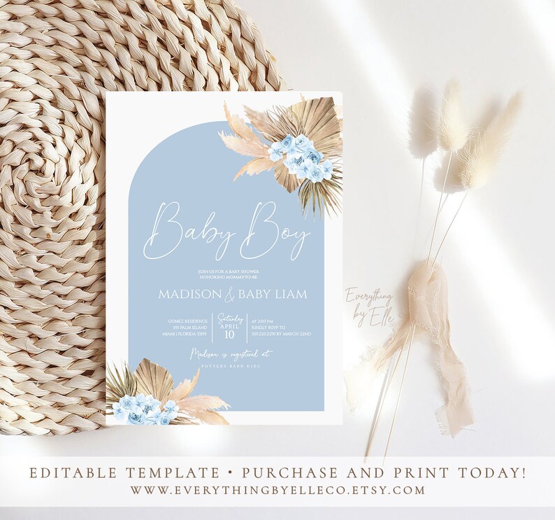 Pampas Grass Baby Shower Invitation Boy Editable Bohemian Etsy