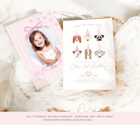 Lets Pawty Birthday Invitation Editable Girl Puppy Dog 