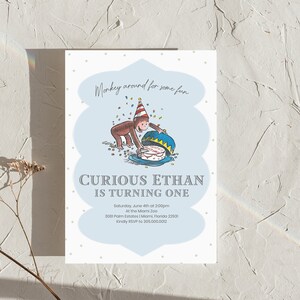 Curious George Birthday Invitation Editable, Vintage Curious George 1st Birthday Party Invite Cake, Blue Boy Monkey Party Decor [BCG1]