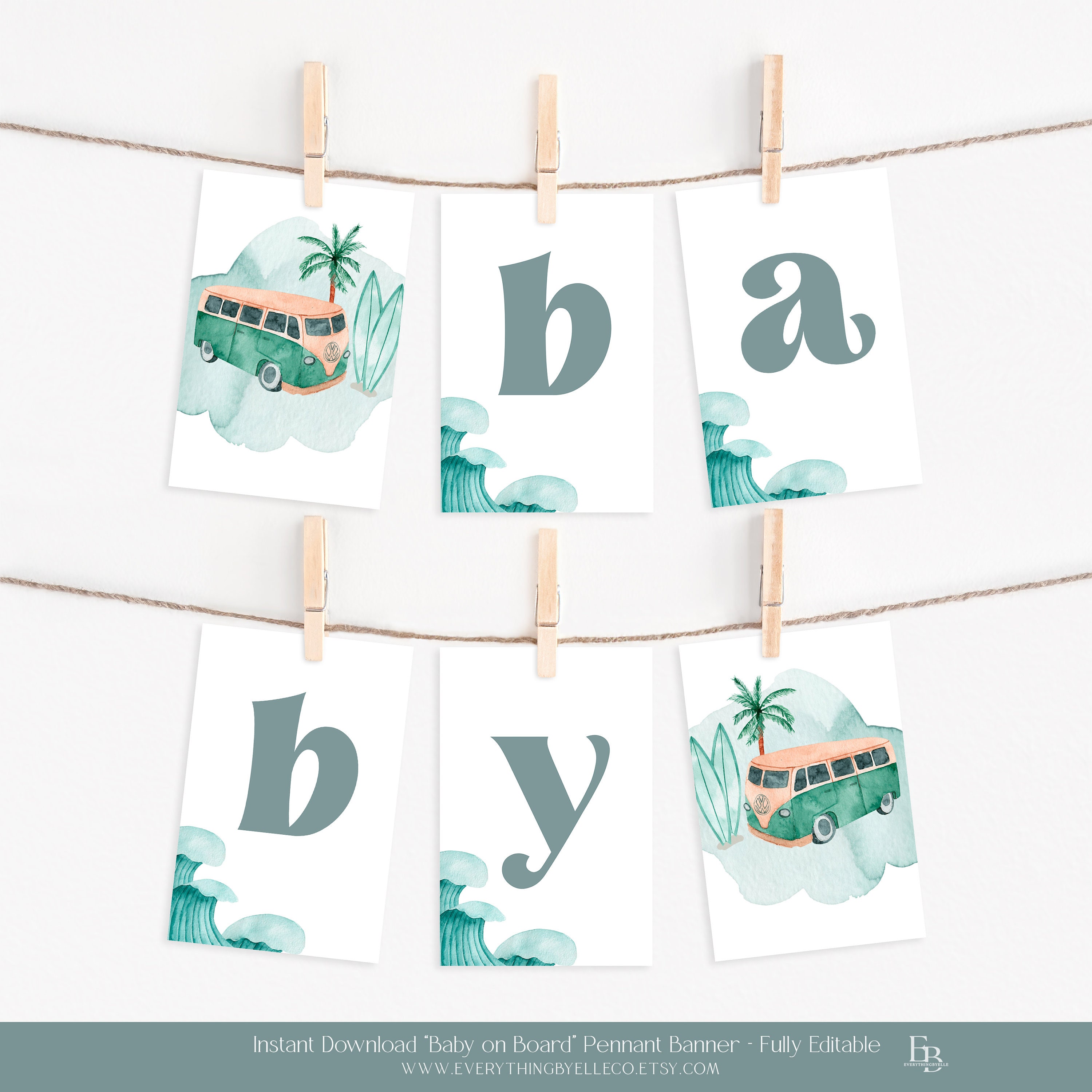 Editable Baby on Board Baby Shower Sprinkle Surf Surfing 