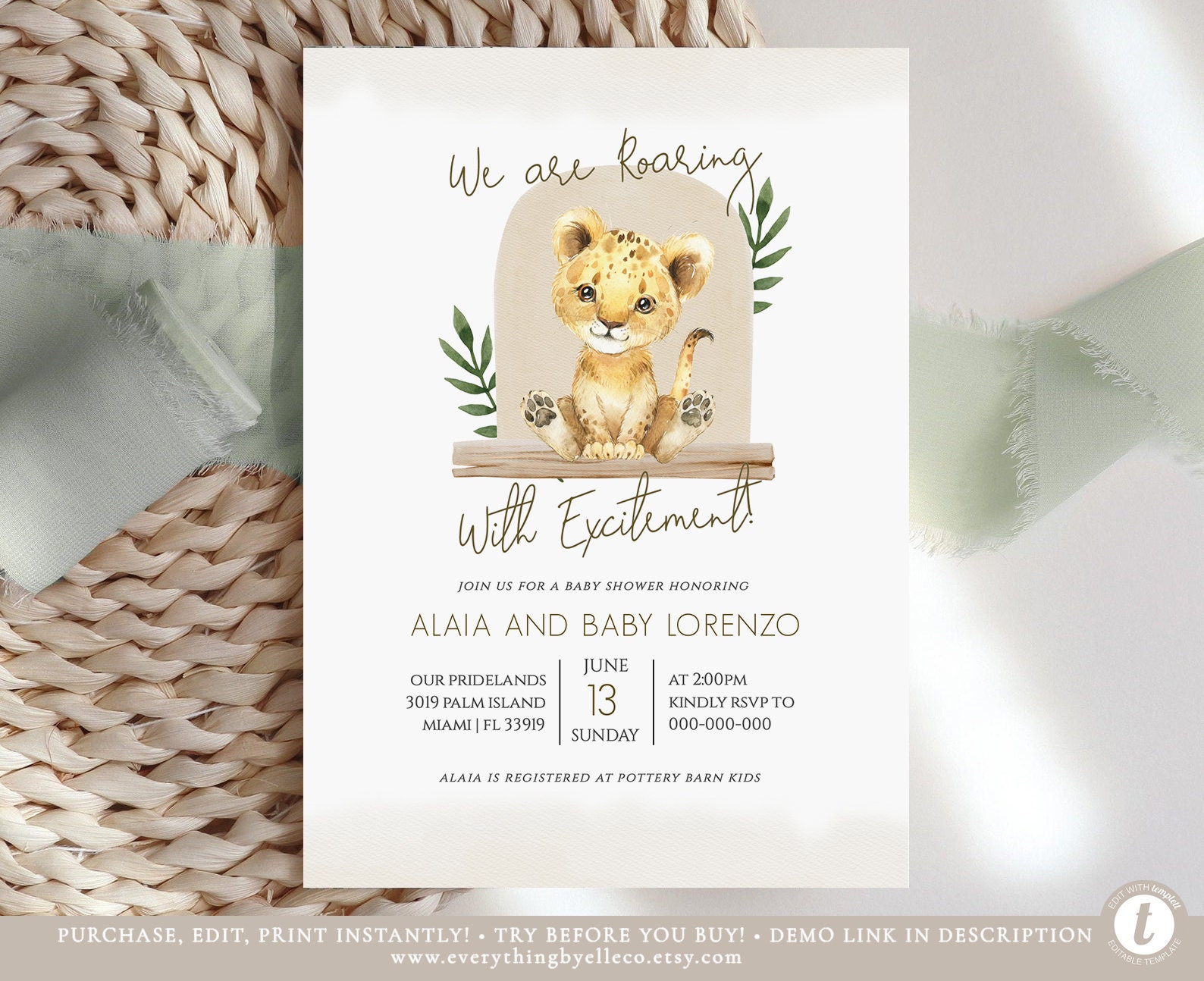 Lion Cub Baby Shower Invitation Editable Bohemian Baby Lion Etsy