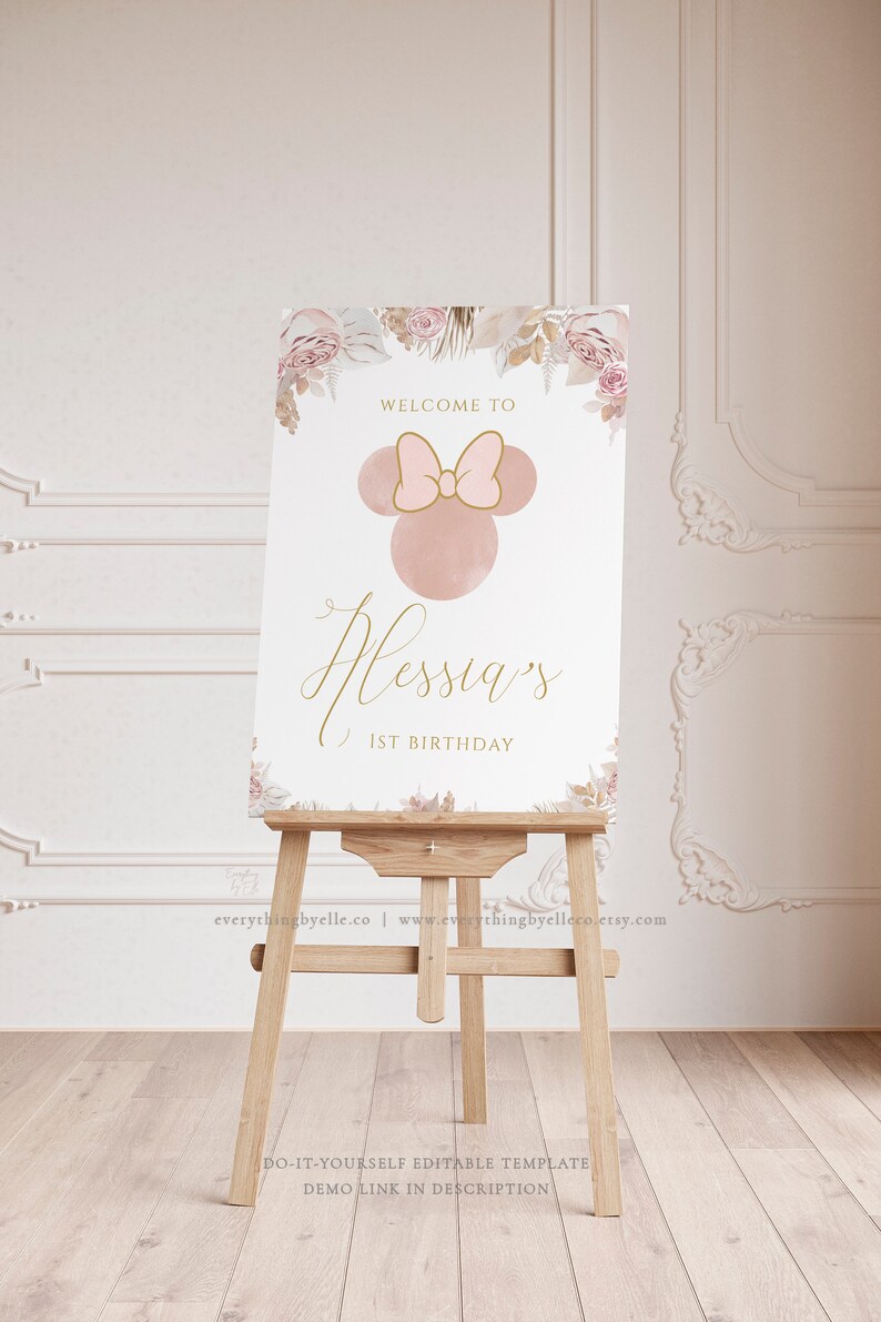 Boho Minnie Mouse 3rd Birthday Invitation Editable, Bohemian Minnie Birthday, Floral Minnie Blush Pink Gold Invitation Instant Download BM image 4