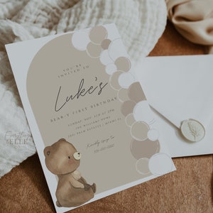 Bear Birthday Invitation Editable, Teddy Bear 1st Birthday Invite Boho Someone Beary First Birthday Template, Cub Birthday Balloon [LUKE1]