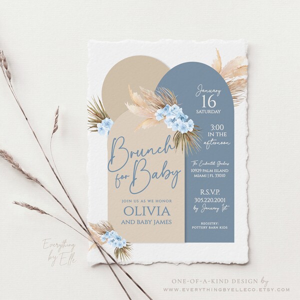 Brunch for Baby Invitation, Bohemian Baby Shower Pampas Grass Dried Palm Leaves, Boy Floral Baby Shower Boho Tropical Desert Printable Arch