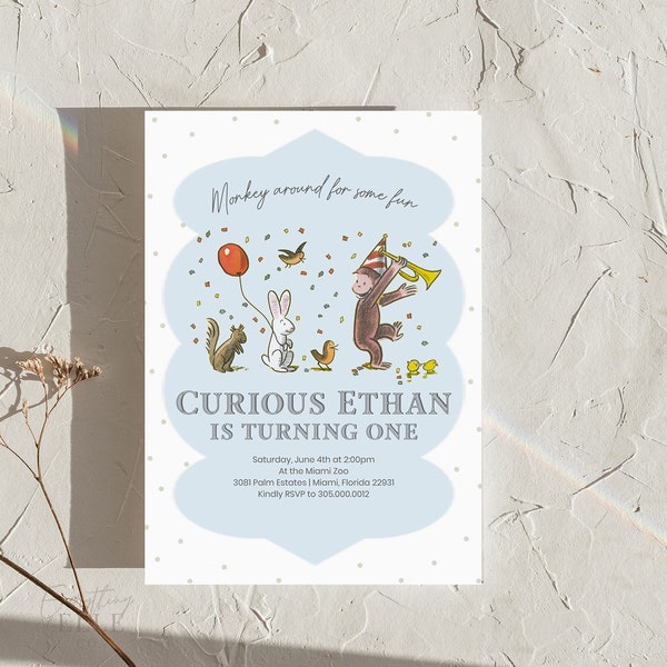 Curious George Birthday Invitation Editable, Vintage Curious George 1st Birthday Party Invite, Blue Boy Monkey Party Decor [BCG1]