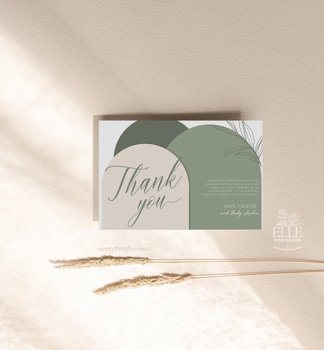Boho Sage Green Baby Shower Thank You Card Editable, Bohemian Green Oh