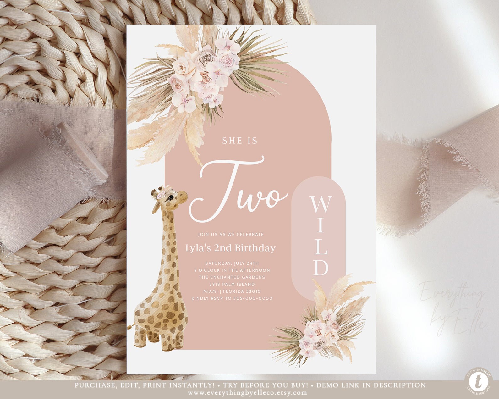 TWO Wild Birthday Invitation Girl Editable Pampas Grass Etsy