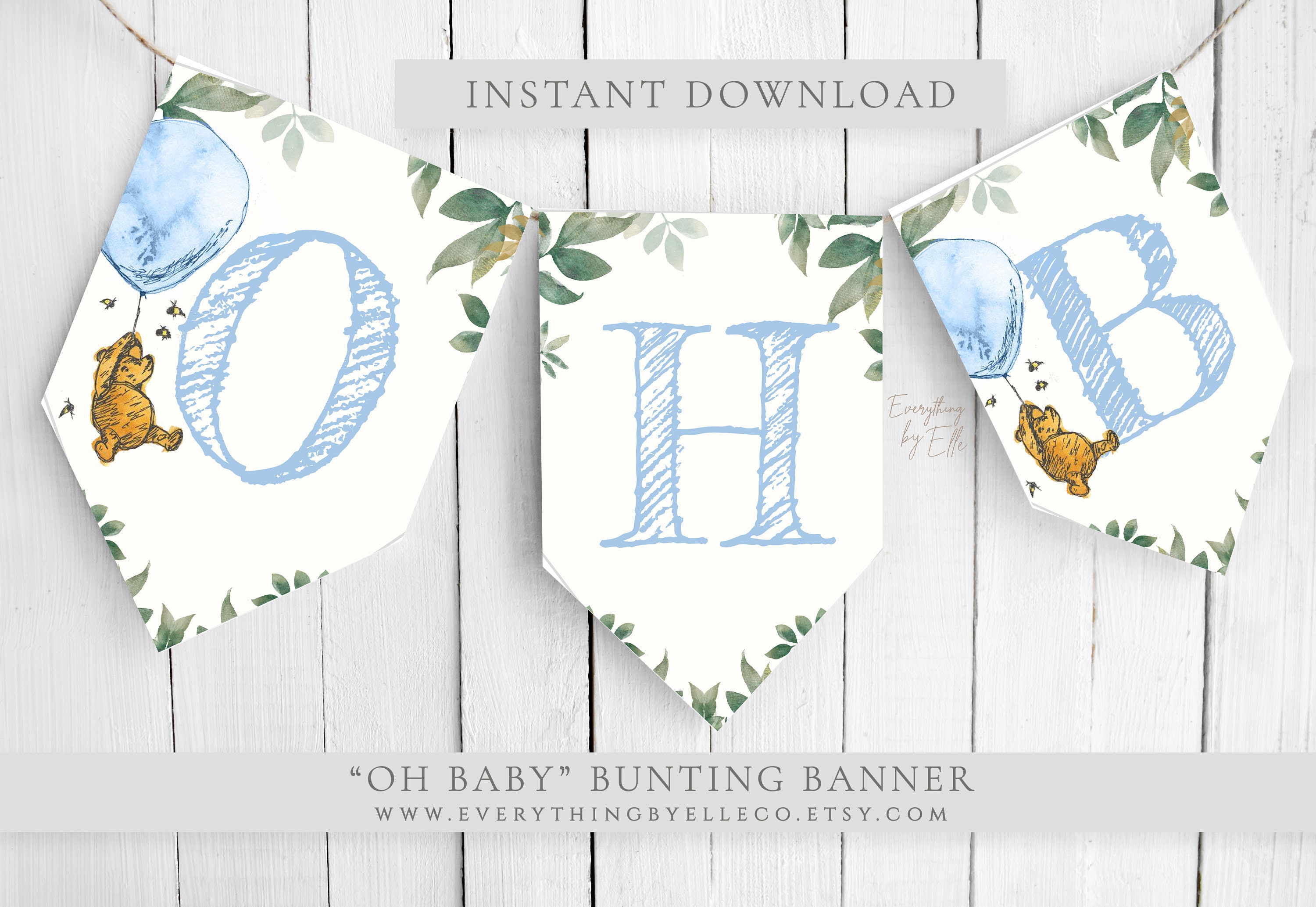 Winnie the Pooh Banner Blue Boy Pooh Bear Baby Shower Bunting Banner Instant Download Pooh Garland Banner Printable Party