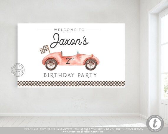 Editable Racing Car Backdrop Banner Growing Up Two Fast Birthday