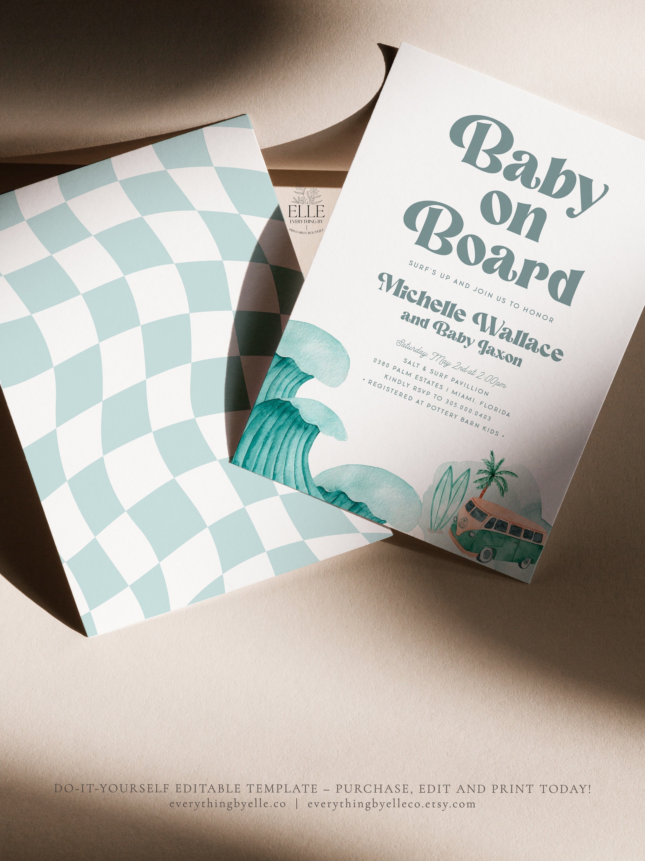 Editable Baby on Board Baby Shower Sprinkle Surf Surfing 