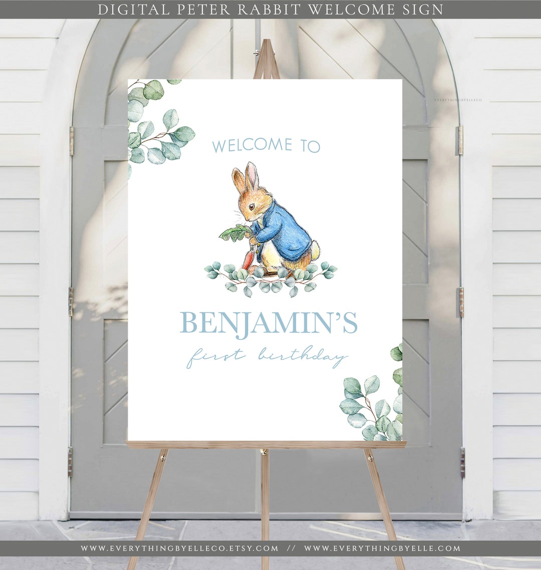 Peter Rabbit 1er Cumpleaños Imprimible Signo 16x20, Azul Verde Peter Rabbit Fiesta Signo