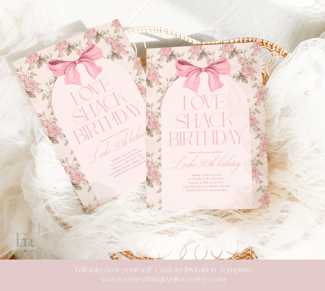 Love Shack Birthday Invitation, Editable Vintage Pink Bow Birthday