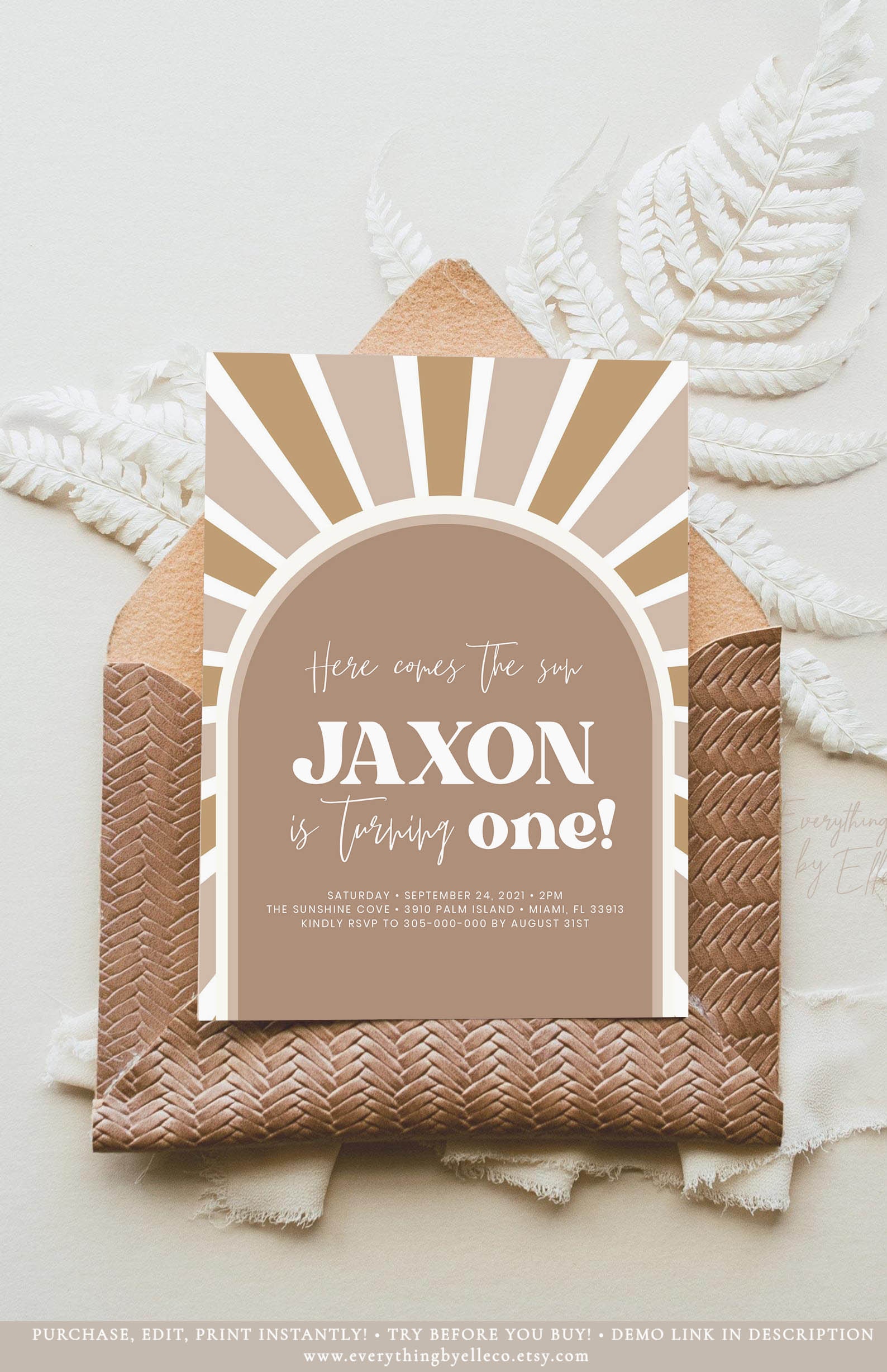 Here Comes the Sun Birthday Invitation Editable Boy Sunshine Boho Birthday Invitation Neutral Boy Rust Brown Bohemian Our