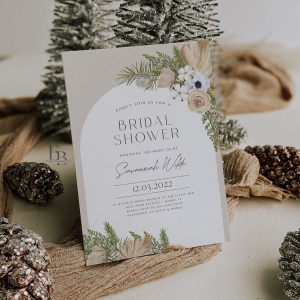 Winter Floral Arch Bridal Shower Invitation Editable, Greenery Christmas Neutral Bridal Shower Invite Instant Download DIY Template