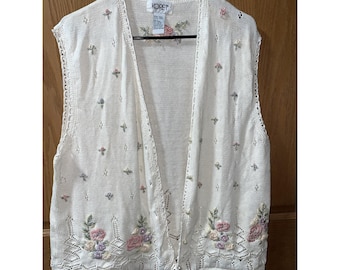 Vintage 90s  Koret  Embroidered Knit Vest  Cottagecore Large