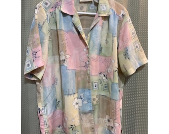 Vintage Blouse Donnkenny Classics Women's Size  L  Floral Short Sleeve 80's