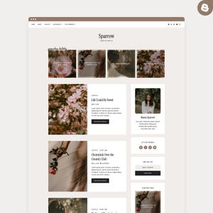 May include: A website layout with a neutral color scheme, featuring blog post previews with floral imagery and the text "Sparrow". The site includes sections for recent posts, a newsletter signup, and social media links.