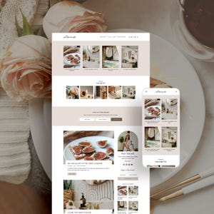 Könnte beinhalten: Ein Website-Design, das auf einem Laptop und einem Smartphone angezeigt wird. Die Website mit dem Namen "Adelaide" verfügt über eine neutrale Farbpalette mit Bildern von Wohnaccessoires und Lebensmitteln. Das Design enthält den Text "Favorites" und "Stay in the Know."