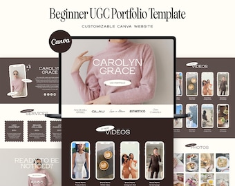 May include: A digital Beginner UGC Portfolio Template for a customisable Canva website. The layout features a dark brown and white colour scheme with sections for videos, photos, and services, displaying the name Carolyn Grace.