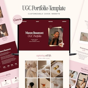 May include: A digital UGC portfolio template for Canva featuring a dark red and cream color scheme. The layout displays a website interface with the text UGC Portfolio Template, Manon Beaumont UGC Portfolio, and capturing still life.