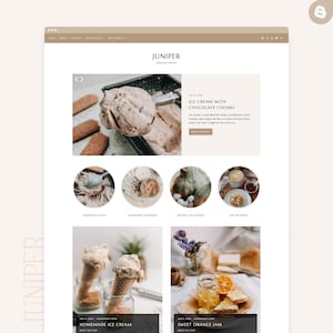 Könnte beinhalten: Ein Website-Layout für die Marke Juniper. Die Seite zeigt Inhalte rund um Lebensmittel, darunter Eis mit Schokoladenstückchen, hausgemachtes Eis und süße Orangenmarmelade. Das Design verwendet eine neutrale Farbpalette mit Bildern und Text.