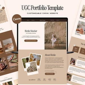 Puede incluir: Una plantilla de portafolio UGC digital para Canva con una paleta de colores neutros. El diseño incluye secciones para servicios, una página sobre mí con fotos estilo polaroid, testimonios de clientes y métricas de redes sociales.