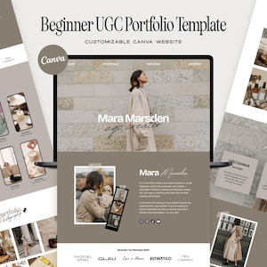 Könnte beinhalten: Eine digitale Vorlage für ein UGC-Portfolio für Anfänger für Canva in neutralen Farben. Das Layout zeigt eine Website-Oberfläche mit dem Text "Beginner UGC Portfolio Template", "Mara Marsden" und "ugc creator" sowie Platzhalter für Lifestyle-Fotos und Abschnitte für Marken-Kooperationen.