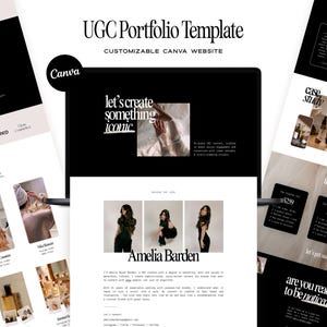 Könnte beinhalten: Eine digitale UGC-Portfolio-Vorlage für Canva mit einem schwarz-weißen Layout. Das Design enthält Abschnitte für Fallstudien, Servicepakete und eine Biografie für Amelia Barden, mit dem Text UGC Portfolio Template.