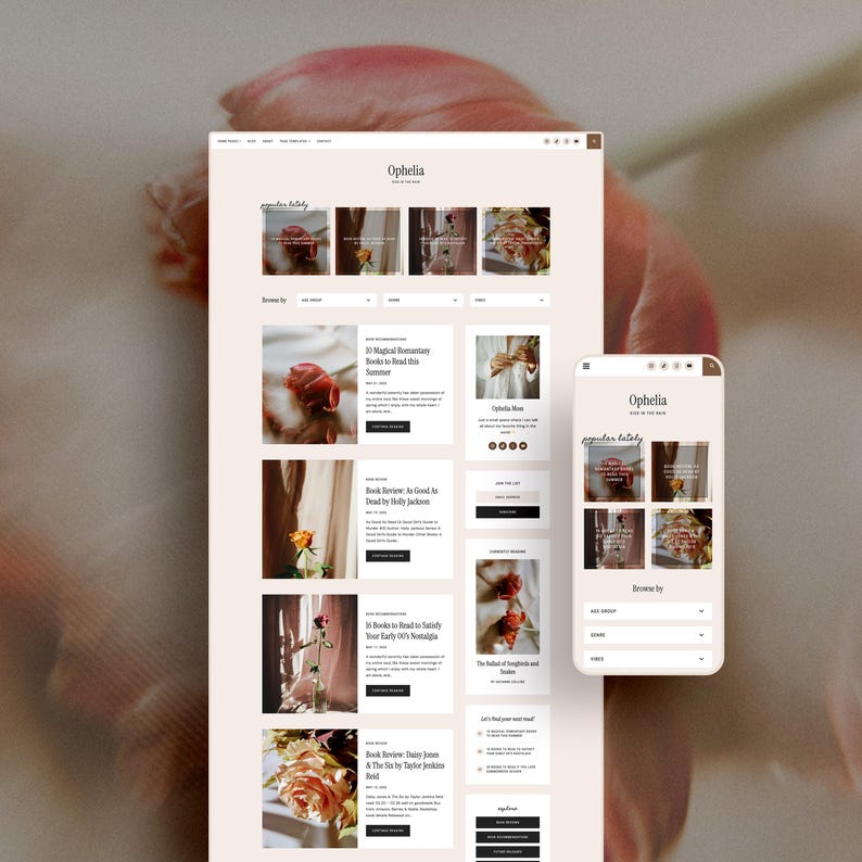 Meet Ophelia - a simple, ready-to-use WordPress theme designed with book bloggers and reviewers in mind, but perfect for content creators in any niche. Featuring a home page with three blog layout options (list, grid, and regular), three custom book review page templates, four matching review index pages to sort your reviews by author, title, genre and rating, and a "currently reading" sidebar block, Ophelia gives your blog every tool it needs to look polished and beautiful right out of the box.