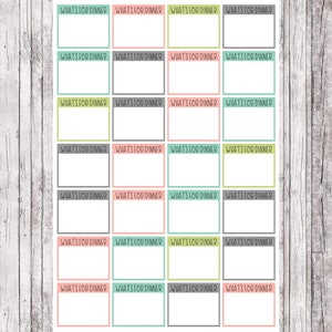 May include: A printable meal planner with 24 blank boxes for writing in what's for dinner each day. The boxes are in a grid pattern with alternating colors of gray, light green, light pink, and light yellow.