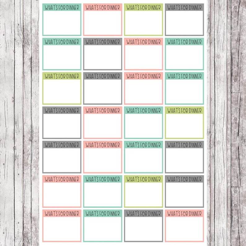 May include: A printable meal planner with 24 blank boxes for writing in what's for dinner each day. The boxes are in a grid pattern with alternating colors of gray, light green, light pink, and light yellow.