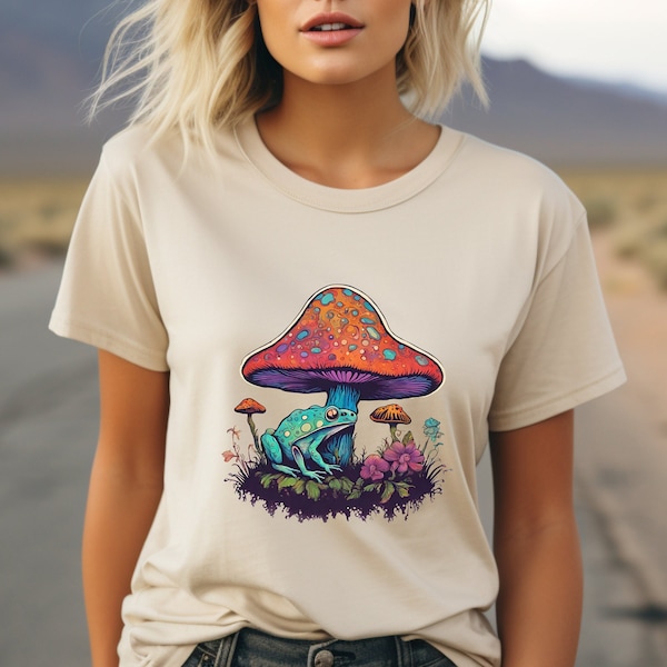 TRIPPY MUSHROOMS FROG Camiseta de flores, camisetas de mamá mamá, camisa psicodélica, camiseta divertida amante de las ranas, camiseta retro divertida linda, camisas de rana novedosas