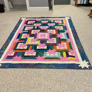 Star of the show, throw quilt, twin bed, bright colors, star quilt, modern quilt, batik fabric