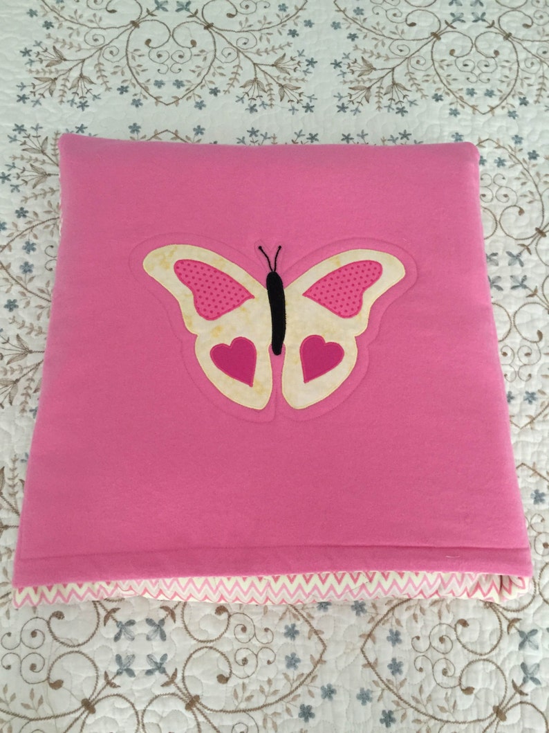 Butterfly Pillow Blanket, girl, quilted, Butterflies, travel, chevron, pink, cream, flannel, camping, girl image 1