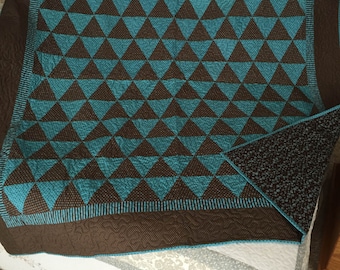 60 degree Brown and Turquoise Triangles, quilt, blanket, brown, turquoise, triangles, handmade, full size, dots