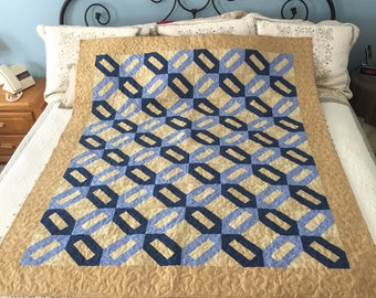 Cracker Barrel, navy blue, blue, cream, tan, throw size, wall hanging, hand pieced, handmade, quilt, blanket