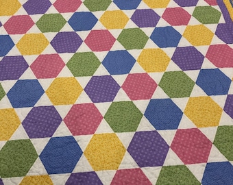 Hexagon Quilt, Queen size, Hexagon Blanket, Pastel colors, Spring time quilt, Wedding shower gift, Pastel hexagons, Easter blanket, Queen