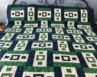 Role Reversal, blue, green, modren quilt, queen size, rectangle, cream, squares, batiks, graphic punch, geometiric, warm, cozy, quilt