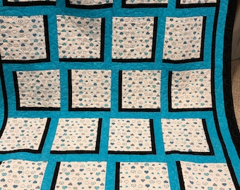 Window Pane, Twin quilt, Throw quilt, Turquoise, Hearts, black and turquoise quilt, Modern quilt, Twin blanket, Throw blanket, Heart blanket